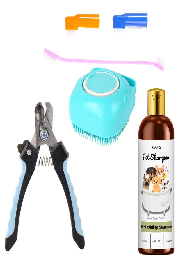 REGIIS Pet Grooming Kit, 4-Piece Dog Bath Set with Deshedding Shampoo, Silicone Brush, Nail Clipper, Toothbrushes for Dogs and Cats, 200ml - Image 1